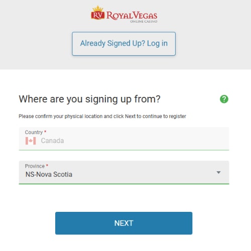 Royal Vegas Registration - Choose Your Location