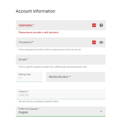 Royal Vegas Registration - Input Your Details